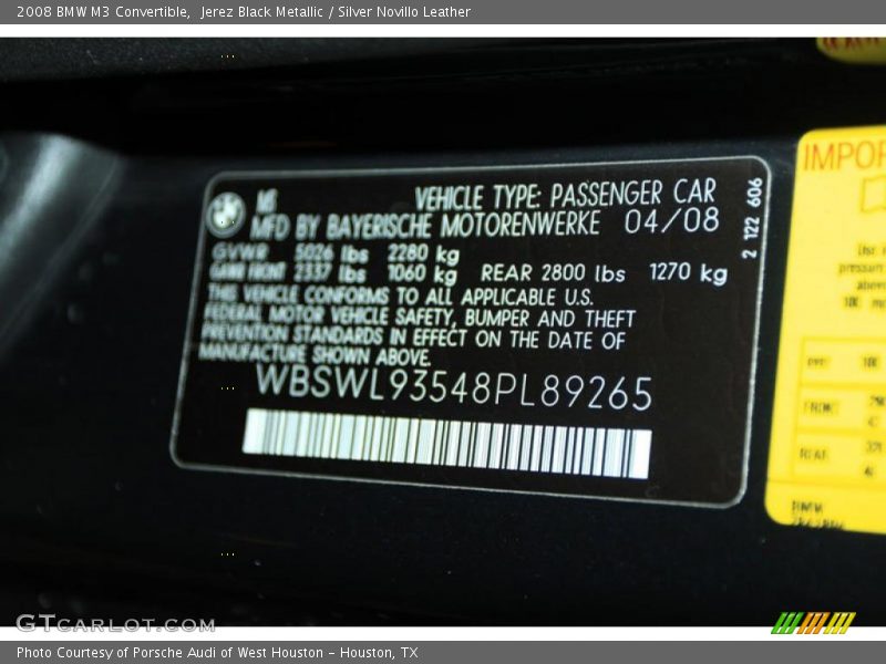 Info Tag of 2008 M3 Convertible