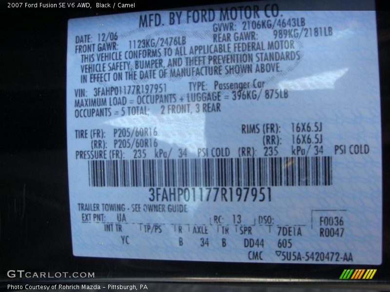 Black / Camel 2007 Ford Fusion SE V6 AWD
