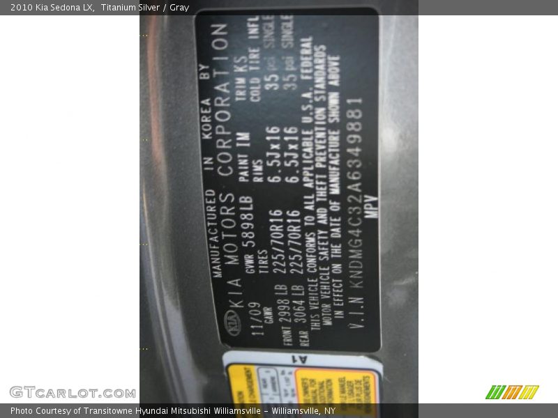 Titanium Silver / Gray 2010 Kia Sedona LX