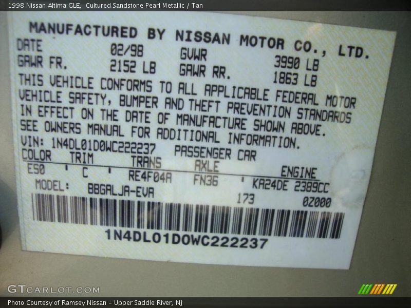 Cultured Sandstone Pearl Metallic / Tan 1998 Nissan Altima GLE
