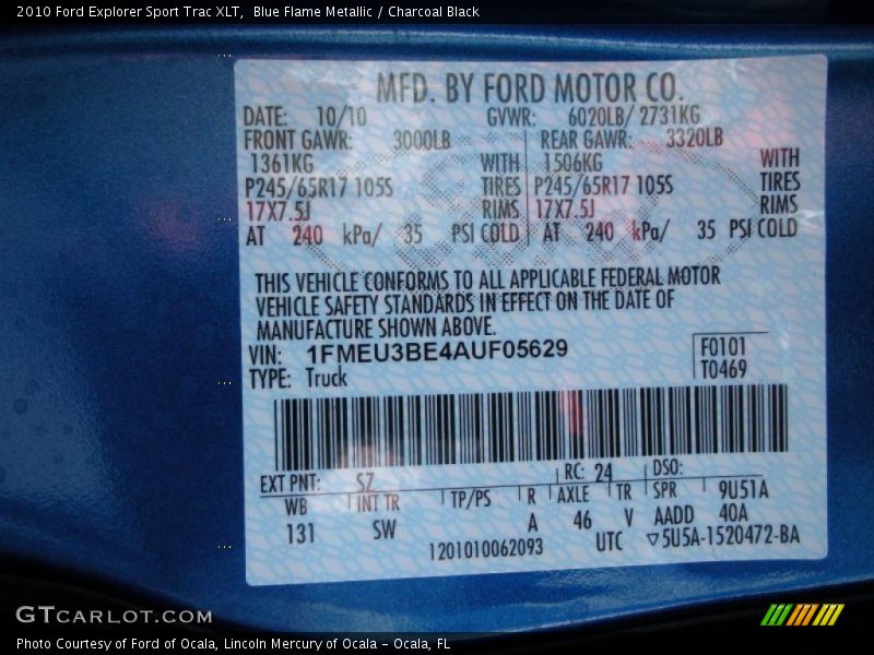 2010 Explorer Sport Trac XLT Blue Flame Metallic Color Code SZ