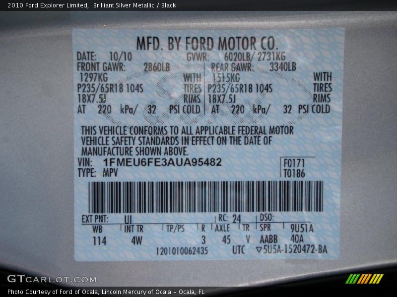 2010 Explorer Limited Brilliant Silver Metallic Color Code UI