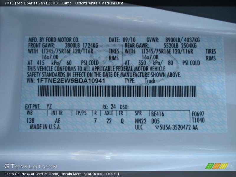 2011 E Series Van E250 XL Cargo Oxford White Color Code YZ