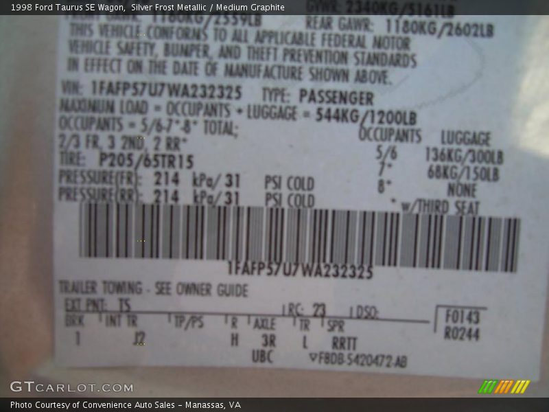 1998 Taurus SE Wagon Silver Frost Metallic Color Code TS