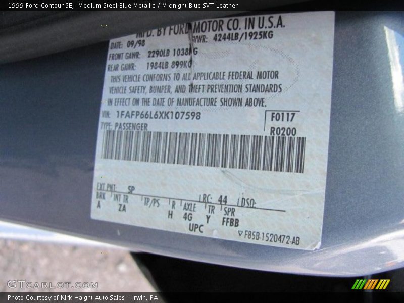 1999 Contour SE Medium Steel Blue Metallic Color Code SP