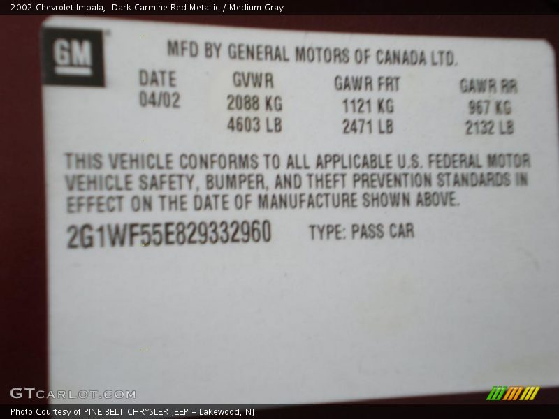 Info Tag of 2002 Impala 