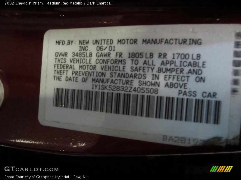 Medium Red Metallic / Dark Charcoal 2002 Chevrolet Prizm