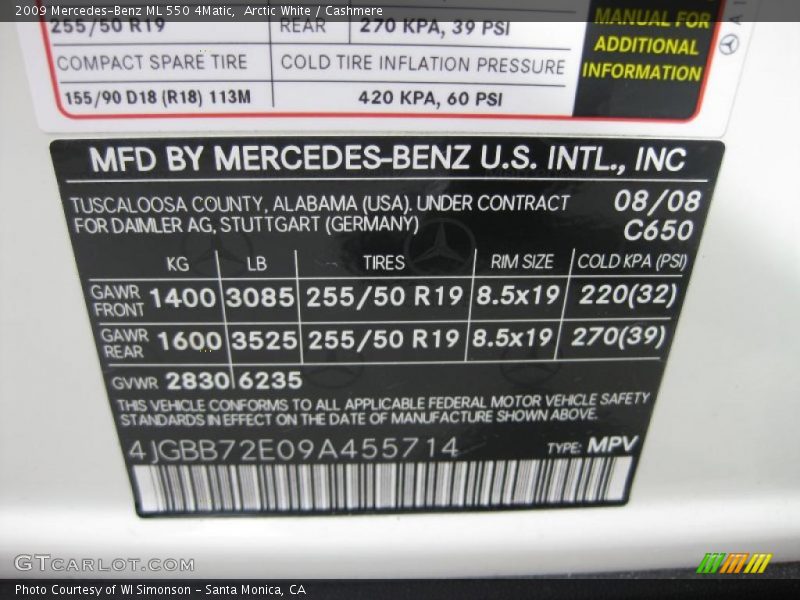 2009 ML 550 4Matic Arctic White Color Code 650