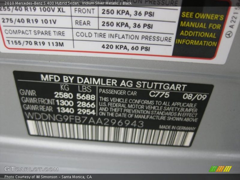2010 S 400 Hybrid Sedan Iridium Silver Metallic Color Code 775