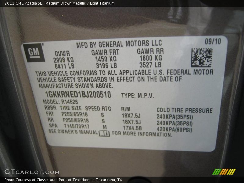 Info Tag of 2011 Acadia SL