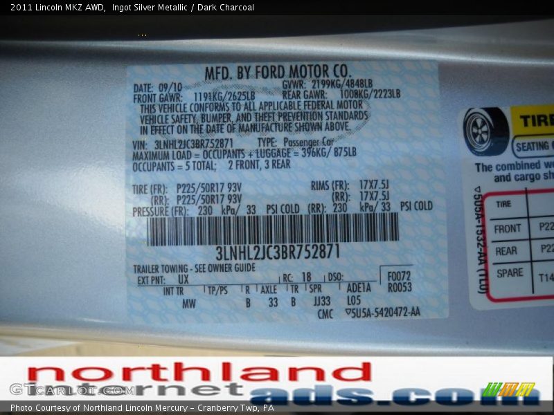 Ingot Silver Metallic / Dark Charcoal 2011 Lincoln MKZ AWD