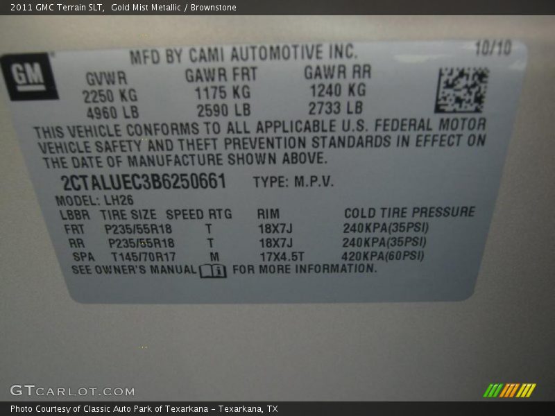 Info Tag of 2011 Terrain SLT