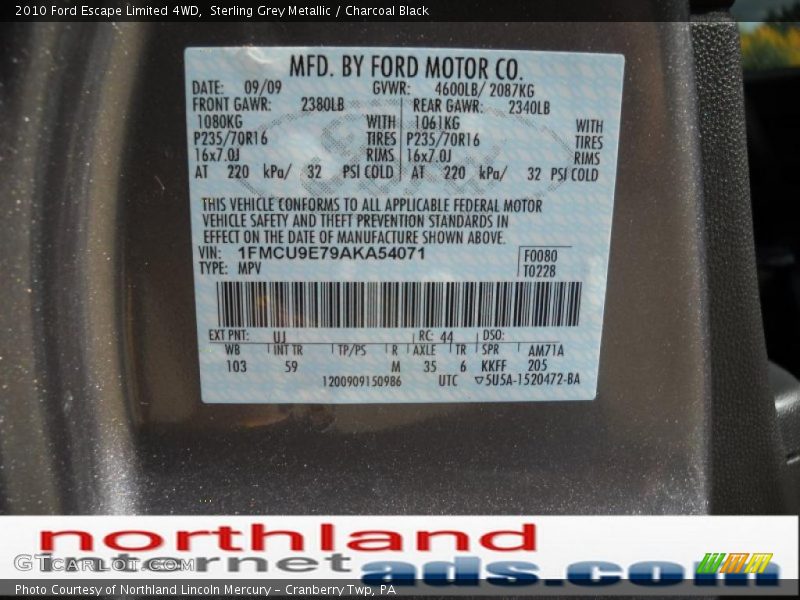 Sterling Grey Metallic / Charcoal Black 2010 Ford Escape Limited 4WD