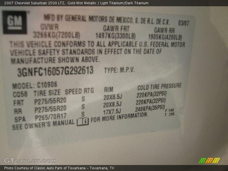 Info Tag of 2007 Suburban 1500 LTZ