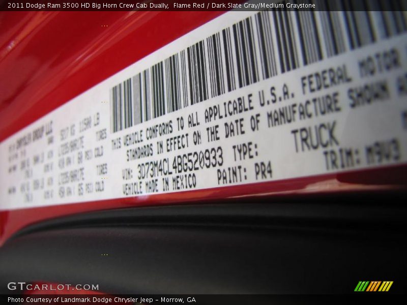 Flame Red / Dark Slate Gray/Medium Graystone 2011 Dodge Ram 3500 HD Big Horn Crew Cab Dually