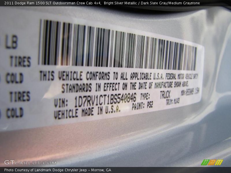 Bright Silver Metallic / Dark Slate Gray/Medium Graystone 2011 Dodge Ram 1500 SLT Outdoorsman Crew Cab 4x4