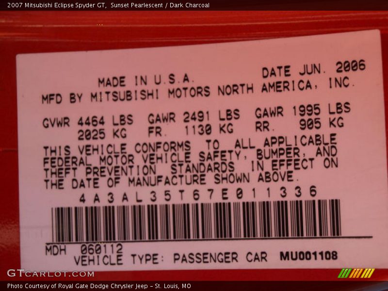 Sunset Pearlescent / Dark Charcoal 2007 Mitsubishi Eclipse Spyder GT