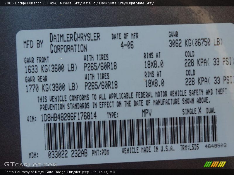 Info Tag of 2006 Durango SLT 4x4