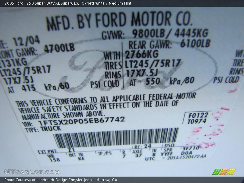 2005 F250 Super Duty XL SuperCab Oxford White Color Code Z1
