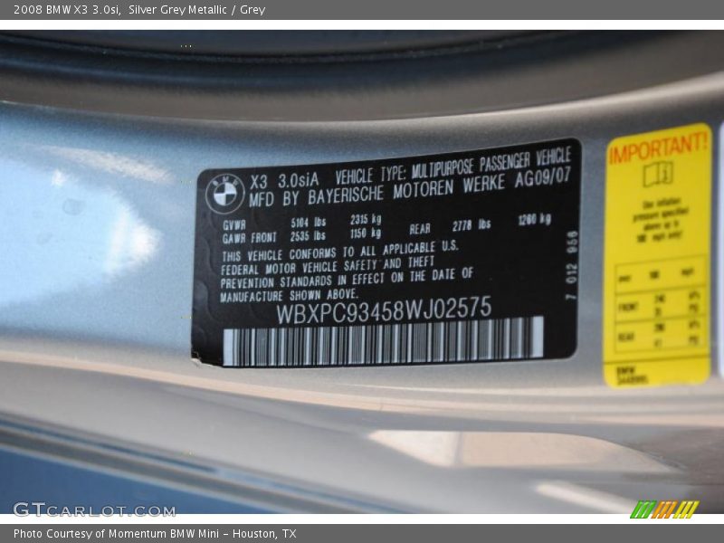 Silver Grey Metallic / Grey 2008 BMW X3 3.0si