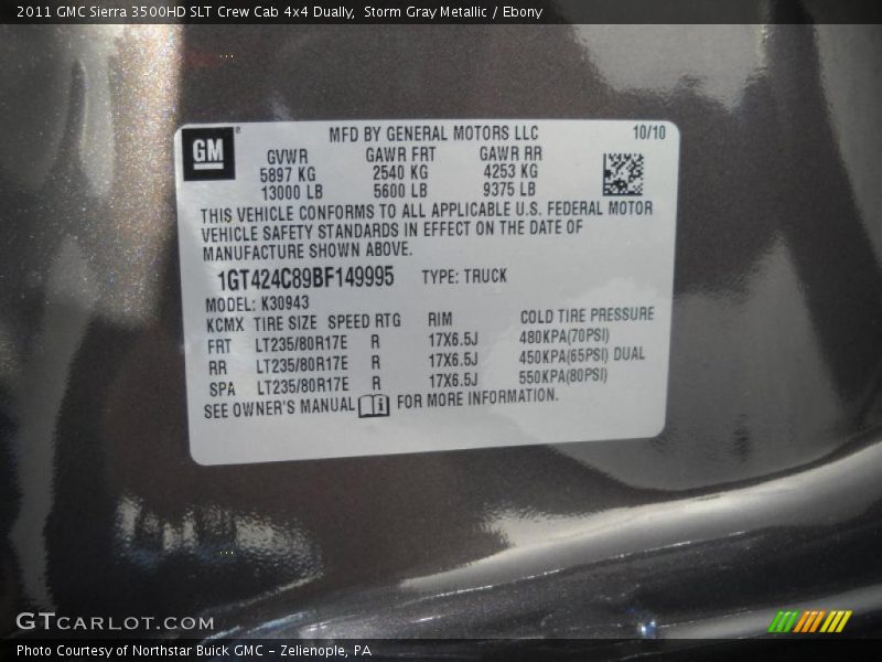 Storm Gray Metallic / Ebony 2011 GMC Sierra 3500HD SLT Crew Cab 4x4 Dually