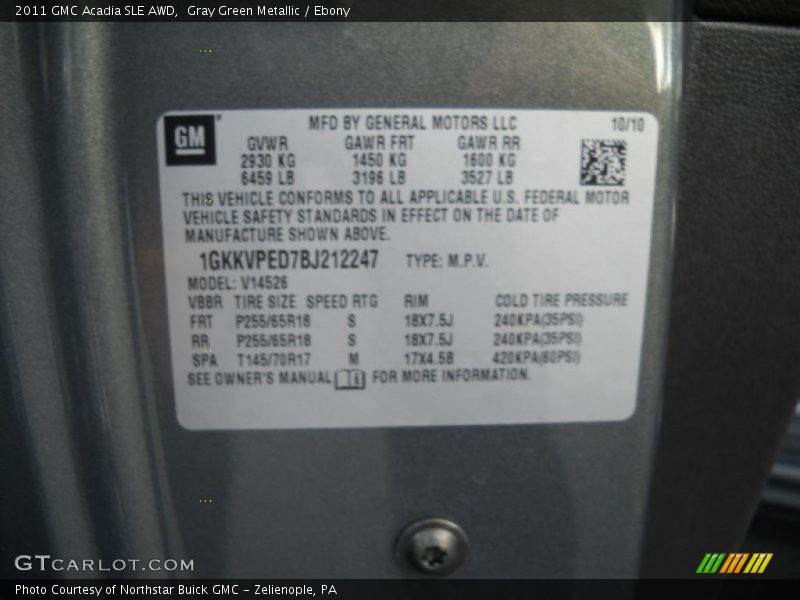 Gray Green Metallic / Ebony 2011 GMC Acadia SLE AWD