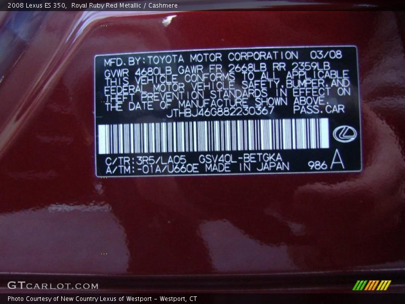 2008 ES 350 Royal Ruby Red Metallic Color Code 3R5