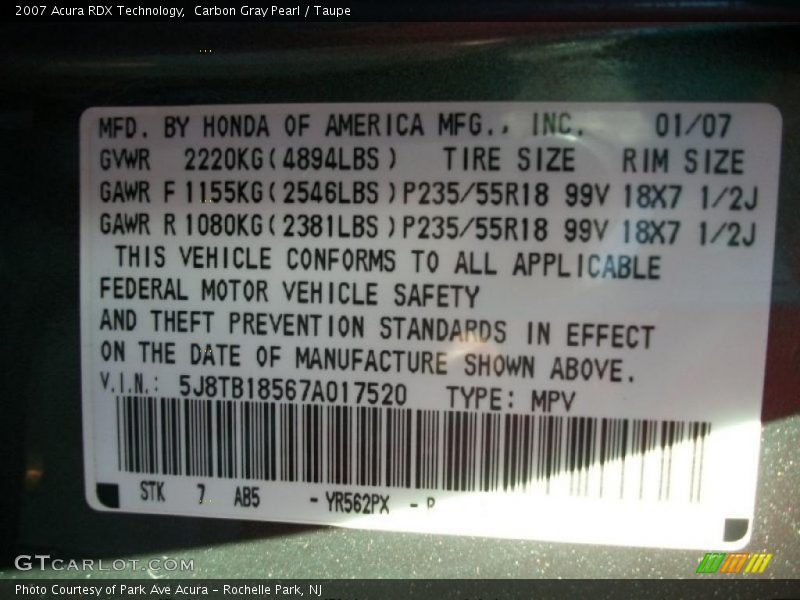Carbon Gray Pearl / Taupe 2007 Acura RDX Technology
