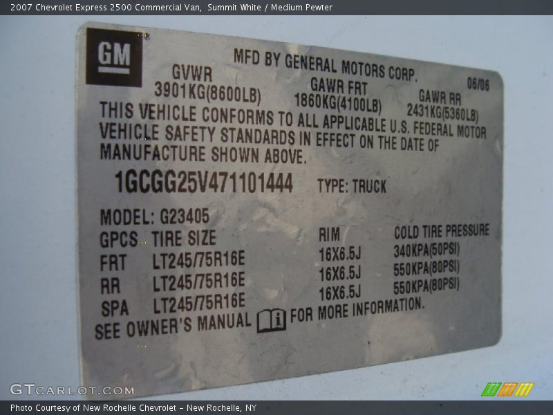 Info Tag of 2007 Express 2500 Commercial Van