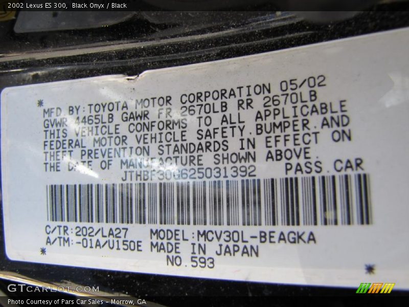 Black Onyx / Black 2002 Lexus ES 300