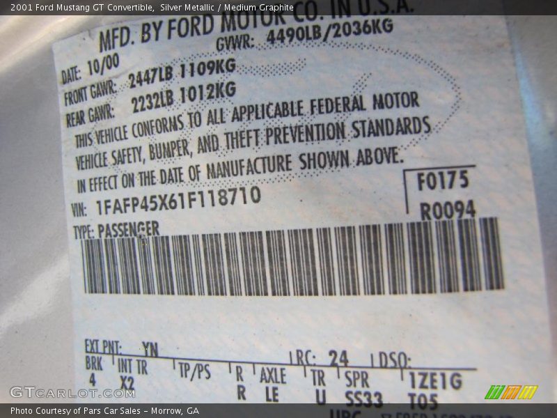 2001 Mustang GT Convertible Silver Metallic Color Code YN