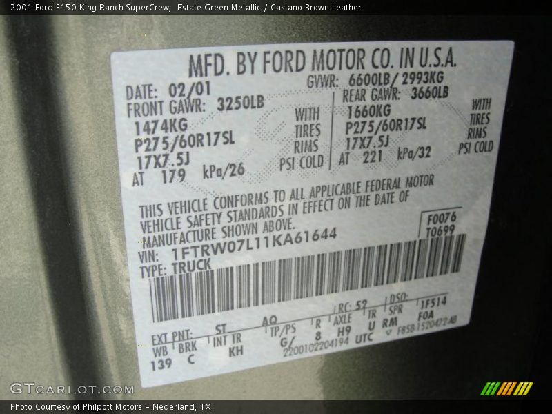 Estate Green Metallic / Castano Brown Leather 2001 Ford F150 King Ranch SuperCrew