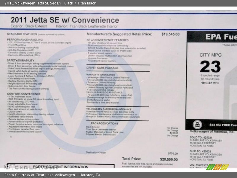  2011 Jetta SE Sedan Window Sticker