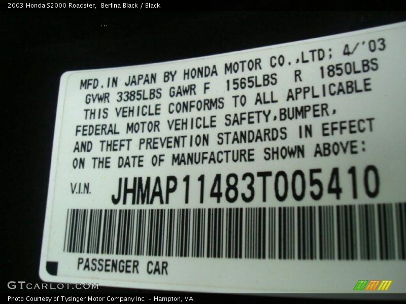 Info Tag of 2003 S2000 Roadster