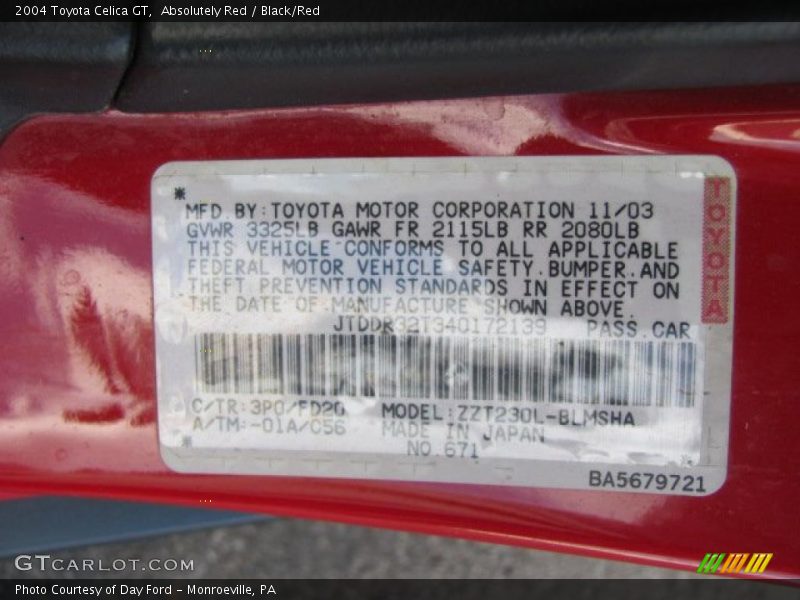 2004 Celica GT Absolutely Red Color Code 3P0