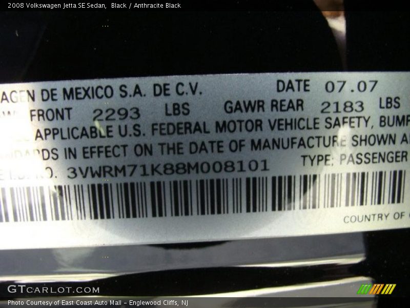 Black / Anthracite Black 2008 Volkswagen Jetta SE Sedan