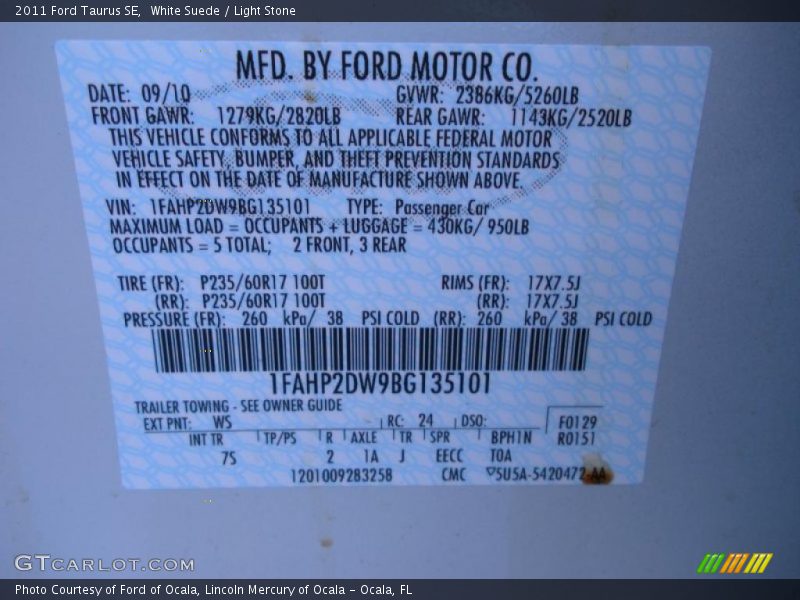 2011 Taurus SE White Suede Color Code WS