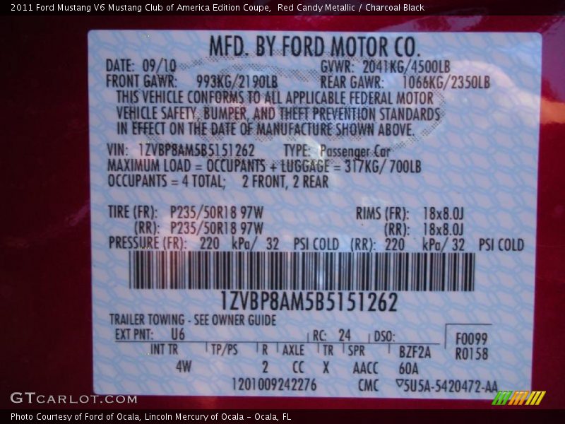 Red Candy Metallic / Charcoal Black 2011 Ford Mustang V6 Mustang Club of America Edition Coupe