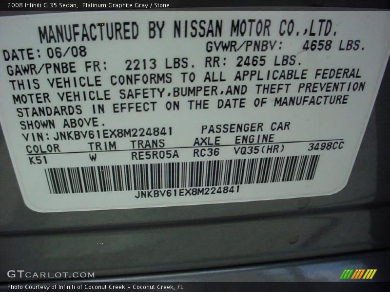 Platinum Graphite Gray / Stone 2008 Infiniti G 35 Sedan