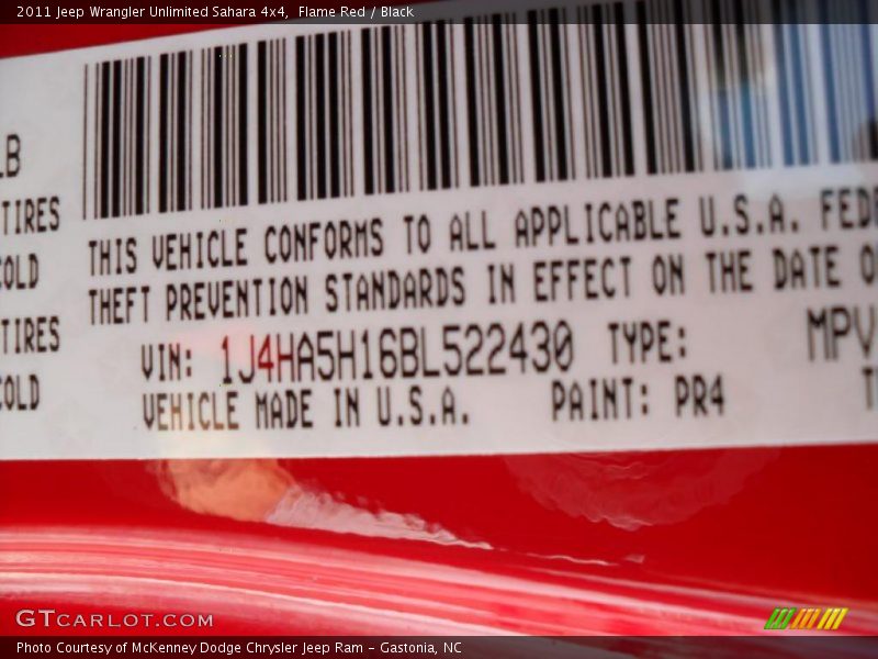 2011 Wrangler Unlimited Sahara 4x4 Flame Red Color Code PR4