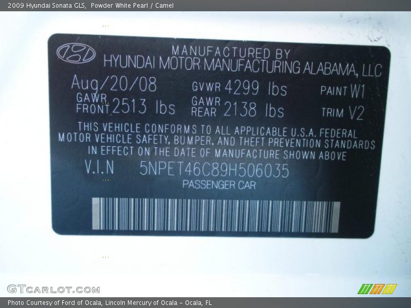 Powder White Pearl / Camel 2009 Hyundai Sonata GLS