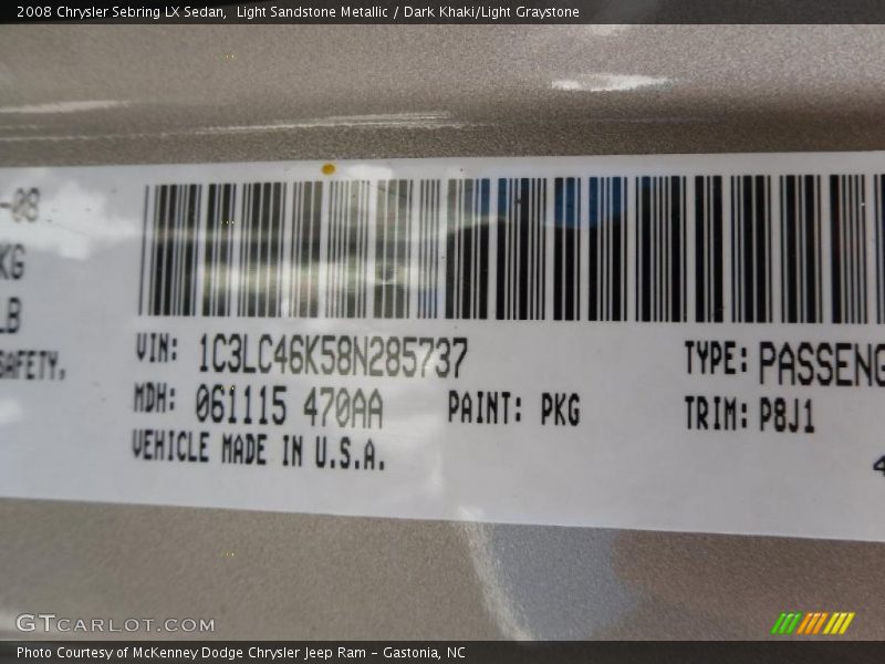 Light Sandstone Metallic / Dark Khaki/Light Graystone 2008 Chrysler Sebring LX Sedan