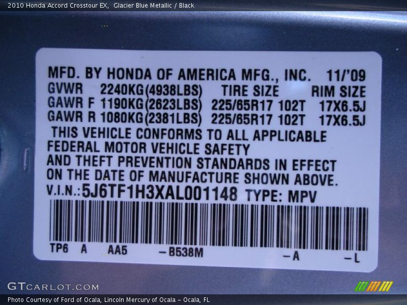 2010 Accord Crosstour EX Glacier Blue Metallic Color Code B538M