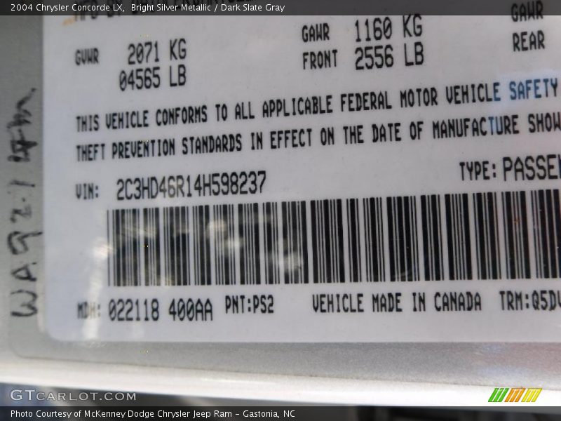 2004 Concorde LX Bright Silver Metallic Color Code PS2