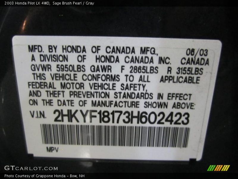 Info Tag of 2003 Pilot LX 4WD