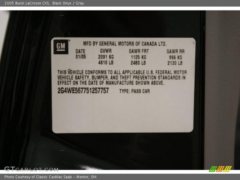 Info Tag of 2005 LaCrosse CXS