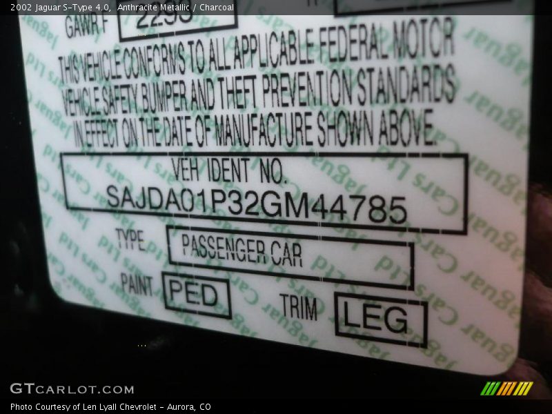 2002 S-Type 4.0 Anthracite Metallic Color Code PED