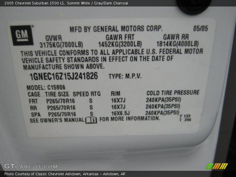 Info Tag of 2005 Suburban 1500 LS