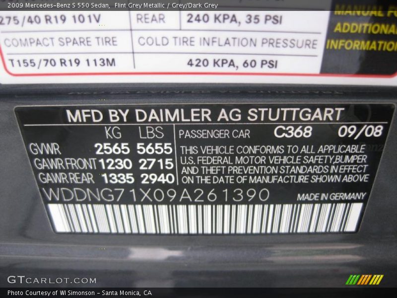 2009 S 550 Sedan Flint Grey Metallic Color Code 368