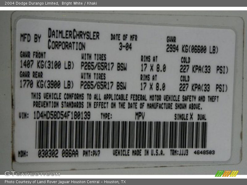 2004 Durango Limited Bright White Color Code PW7